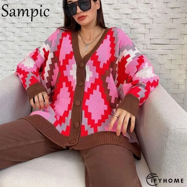 Christmas Gift Sampic Loose Patchwork Knitwear Winter Women Cardigans Tops Oversized Long | IFYHOME