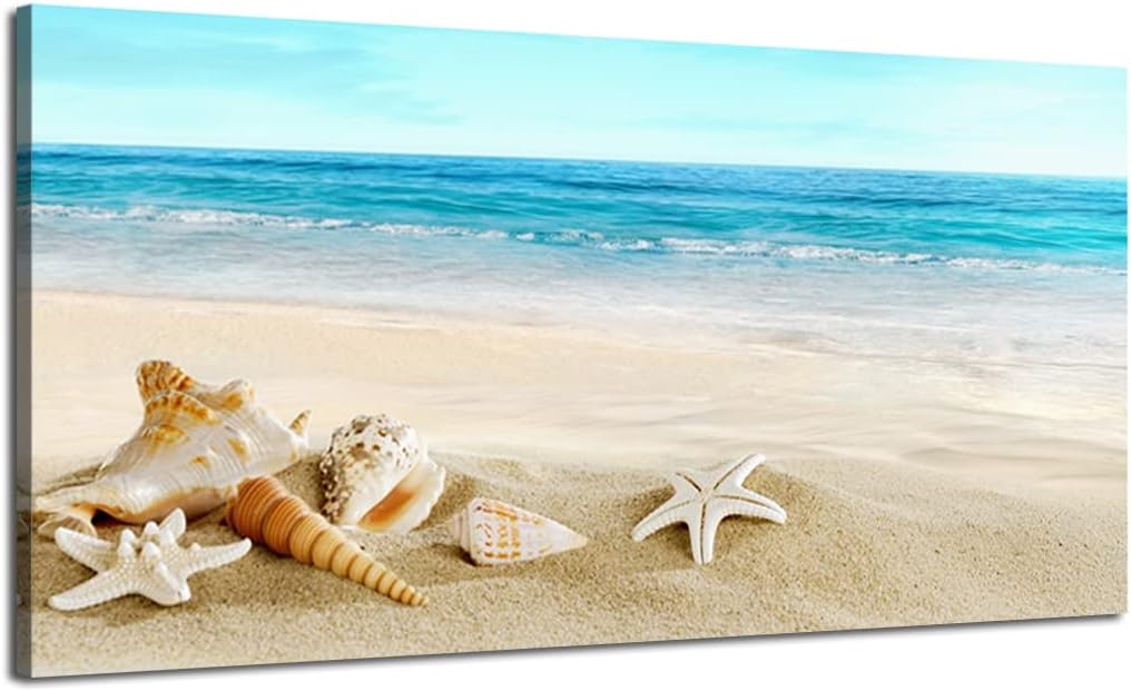 Beach Picture Decor Ocean Painting Canvas Wall Art Prints of Starfish and Seashell on Sandy Seaside for Living Room Bedroom Office Wall Decor Home Decoration (Framed-Ready to Hang,8x16inch) Framed-Ready to Hang