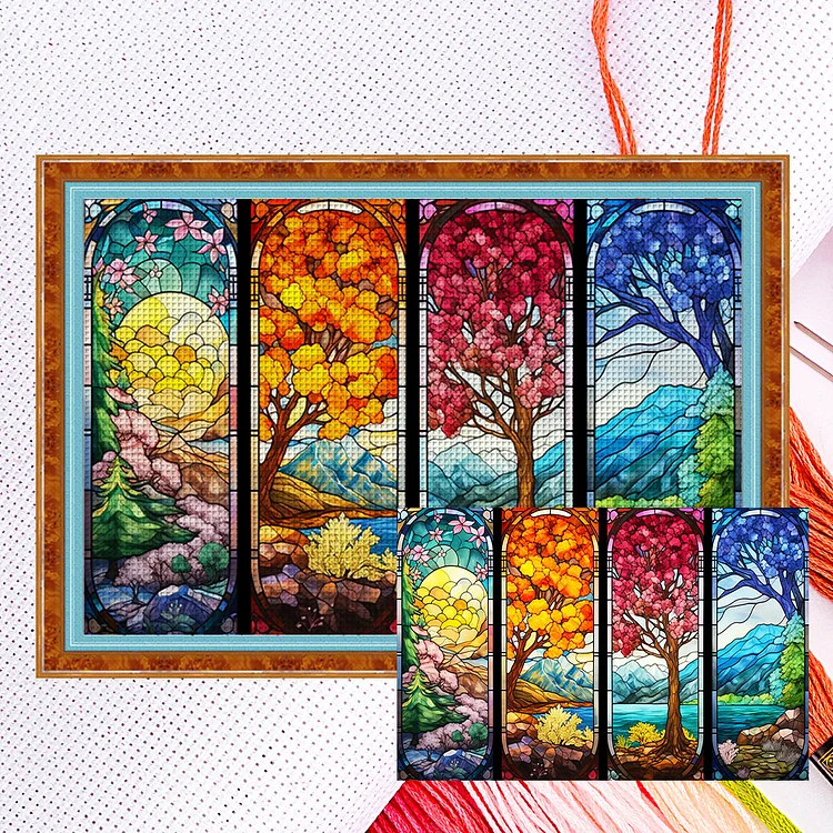【Huacan Brand】Glass Art - Four Seasons Scenery 11CT Counted Cross Stitch 60*40CM