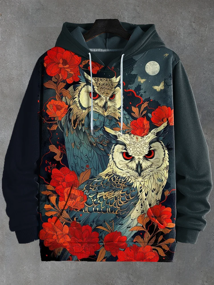 Men's Midnight Floral Owls Print Casual Hoodie