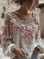 Women's Pink Rose Embroidery Art Round Neck Long Sleeve Linen Blend T-shirt