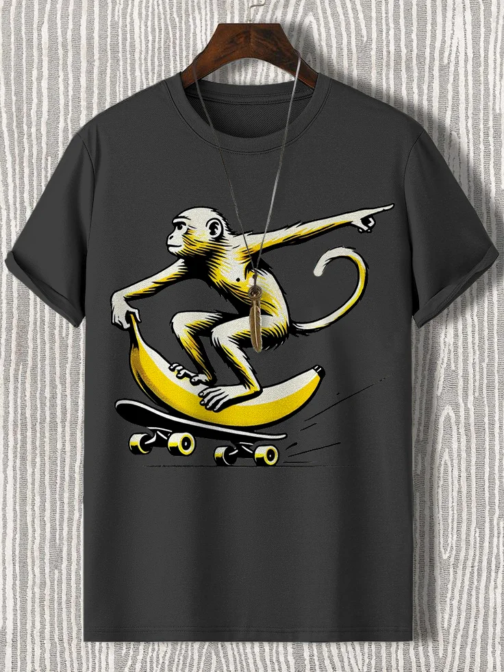 Men's Funny Monkey on Banana Skateboard Print Cotton Casual T-Shirt