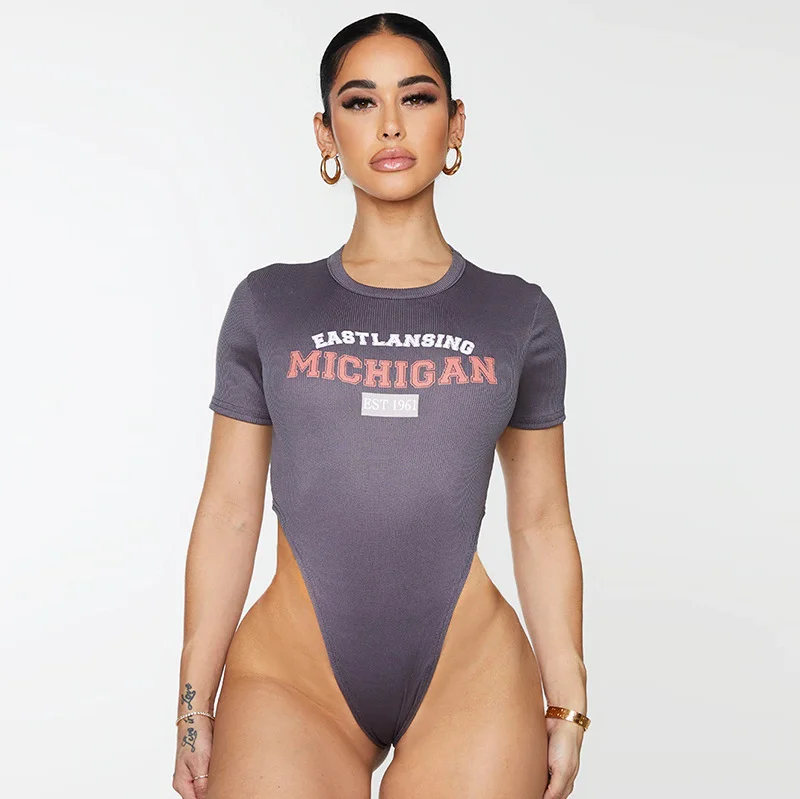 Uveng Uveng Spring New Women's Wear Color Print Letter Round Collar Sexy Slim Onesie Women