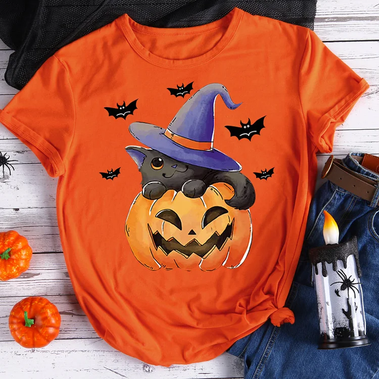 Pumpkin and black cat halloween t shirt tee