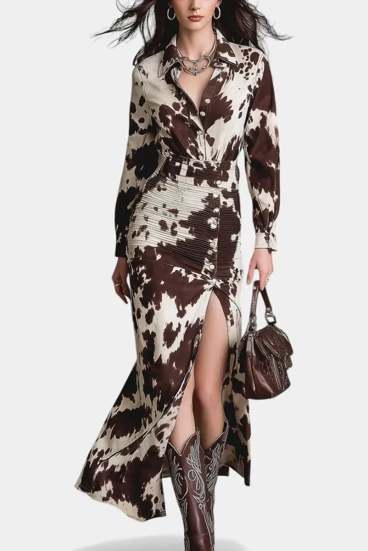 Cow-Print Shirt Dress with High Slit