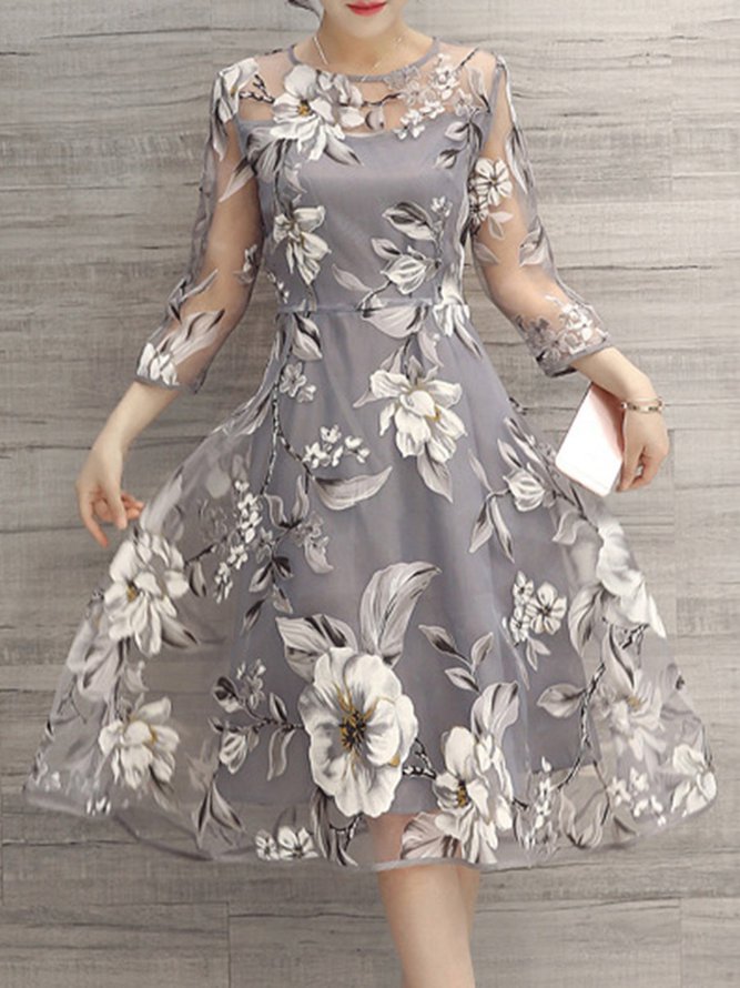 Plus Size Women Elegant A-line Printed Floral Gray Party Dress Zaesvini