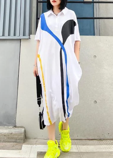 Women white cotton quilting clothes lapel patchwork A Line summer Dresses