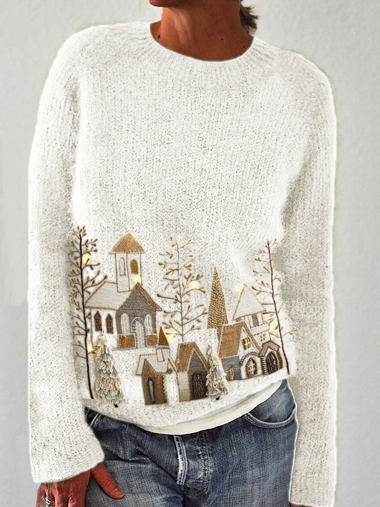 Comstylish Christmas Snowy Town Church Embroidered Cozy Sweater