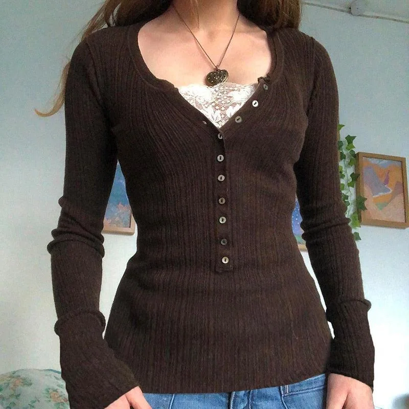 Brownm Grunge Button Front Top