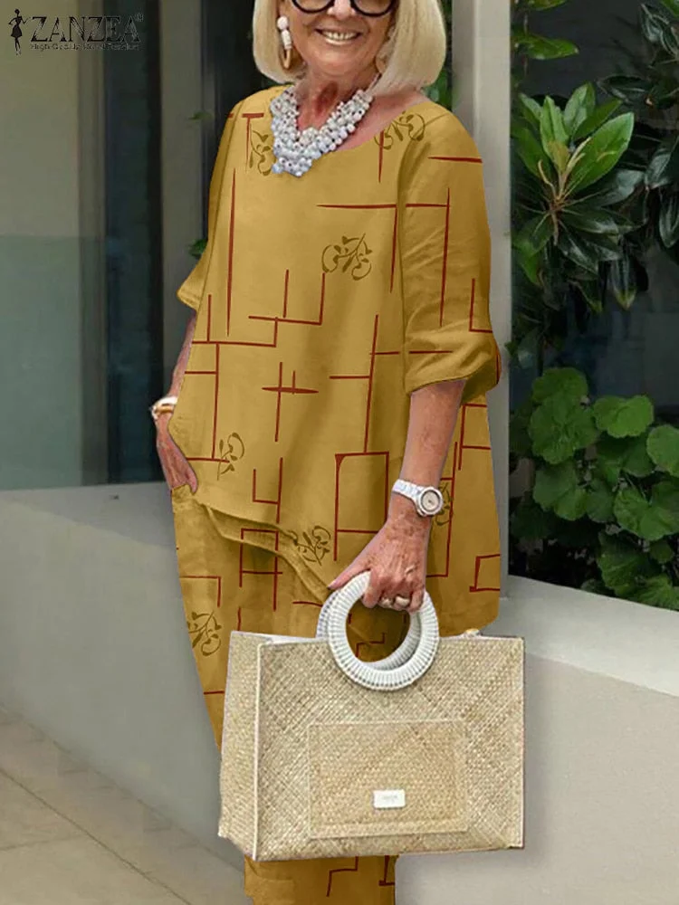 2PCS Summer Suits Women Vintage Printed Urban Tracksuit ZANZEA Two Piece Sets Casual Half Sleeve Blouse Pants Sets Matching Sets