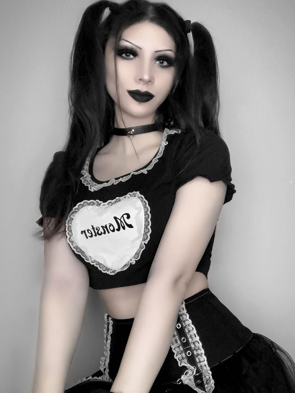 Gothic Dark Style College Style Heart Lace Paneled Short Balloon Sleeve Midriff T-shirt