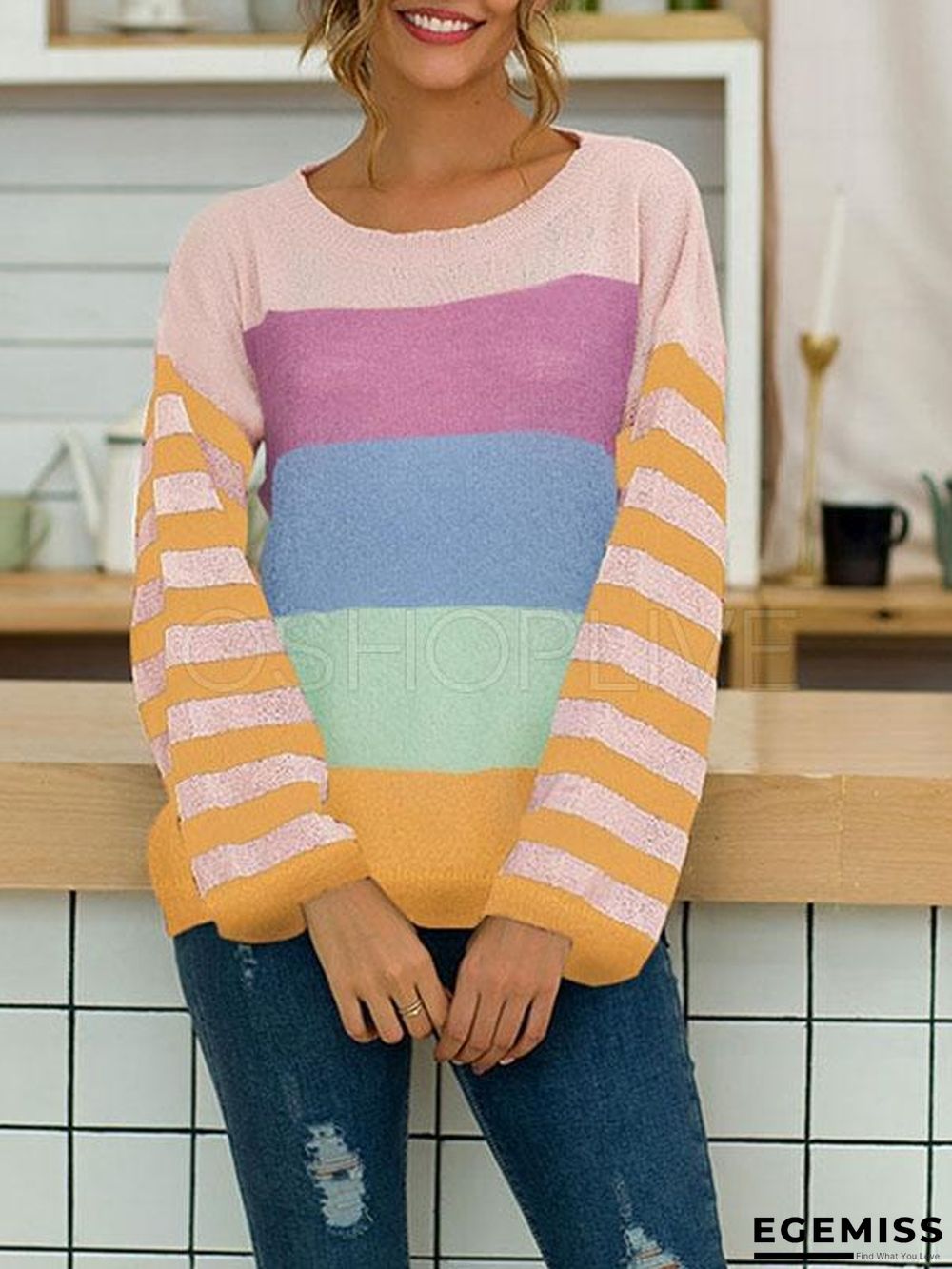 Striped Color-block Split-joint Knitting Sweater | EGEMISS