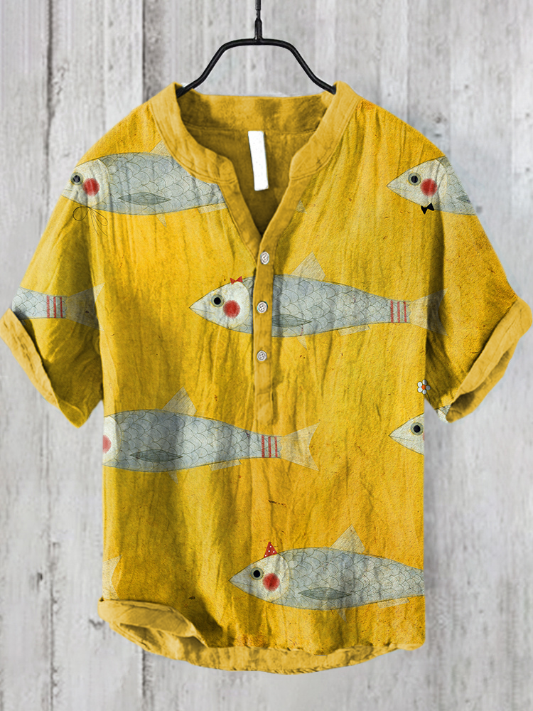 Japanese Cute Sardine Art Linen Blend Shirt