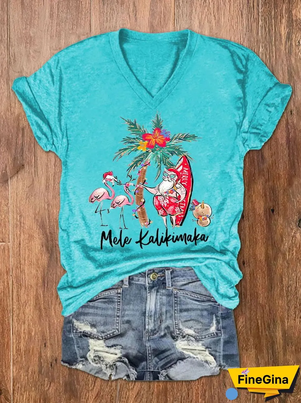 Women's Mele Kalikimaka Hawaii Christmas Print V-Neck T-Shirt