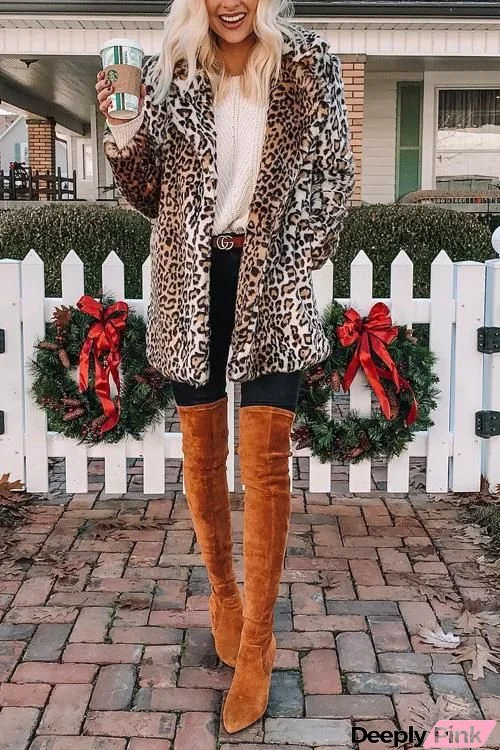 Pockets Leoaprd Faux Fur Lapel Coat