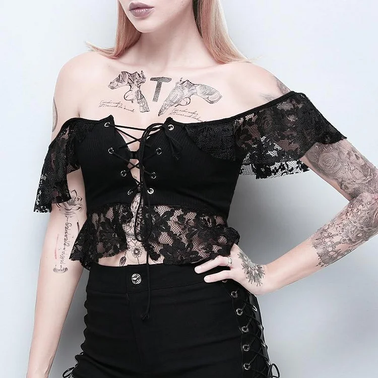 GOTH ALTERNATIVE LACED BLACK CROP TOP