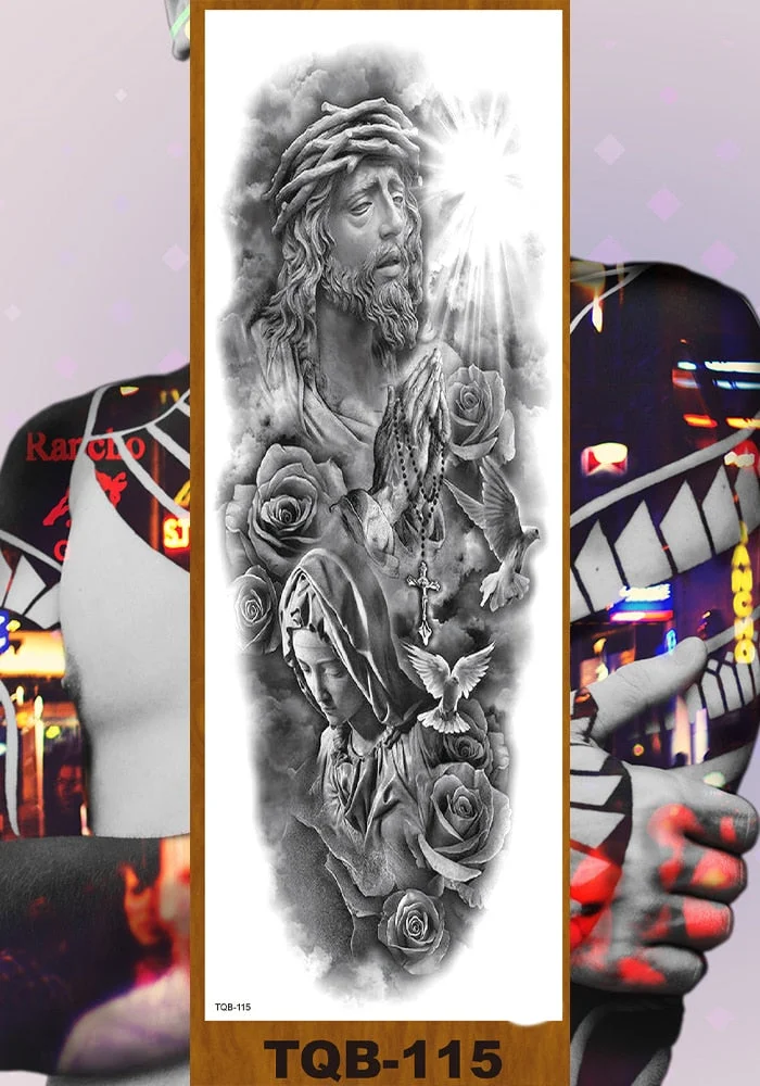 Full Flower Arm Temporary Tattoos Stickers Man Woman Girls Leg Fake Tatoo Lotus Buddhism Pray Cross Wing Drop Shipping DIY