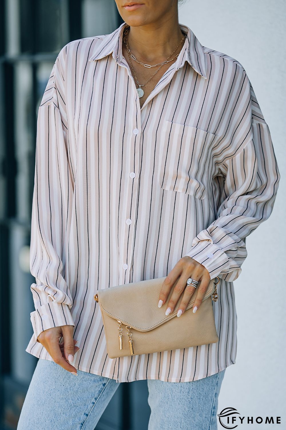 Khaki Striped Buttons Closure Long Sleeve Shirt | IFYHOME