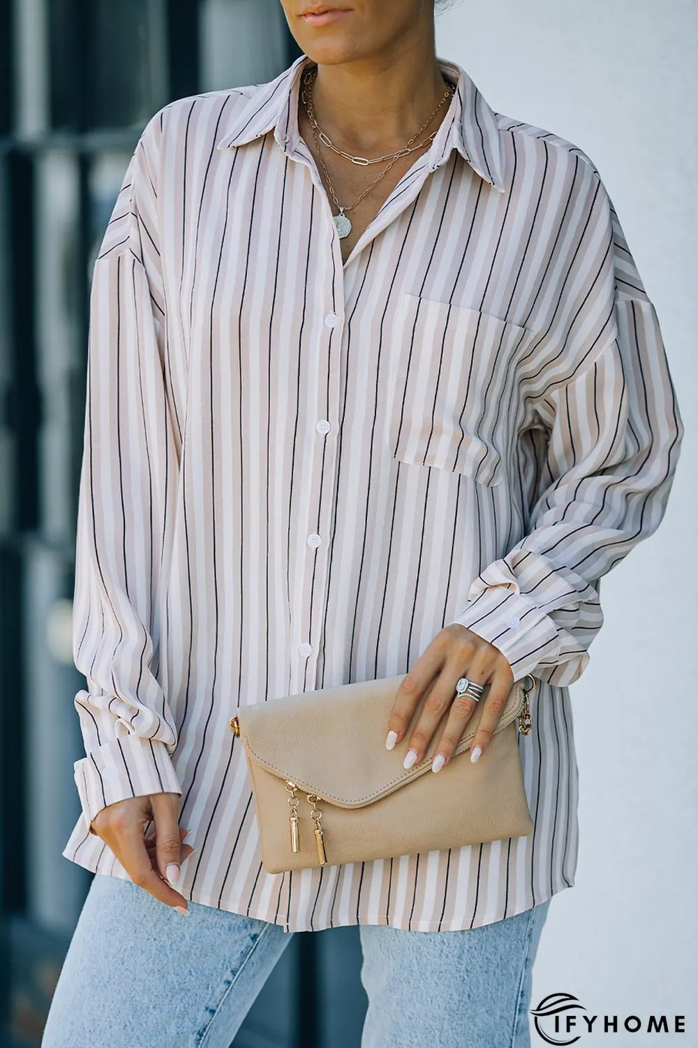 Khaki Striped Buttons Closure Long Sleeve Shirt | IFYHOME