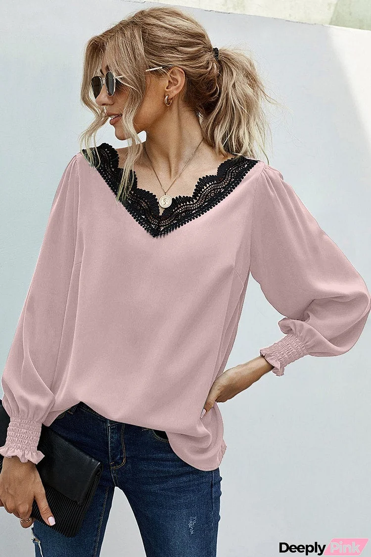 Cute Long Sleeve V Neck Lace Patchwork Pink Blouse