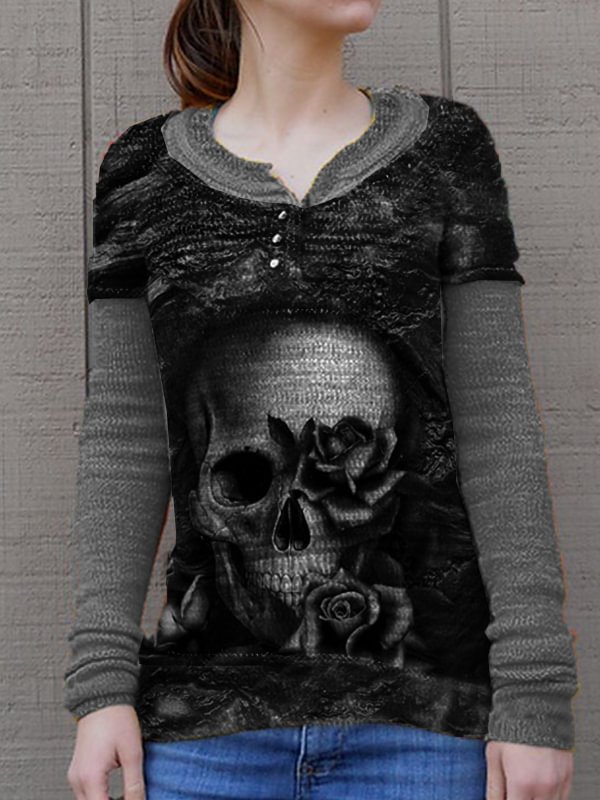 Punk Skull Knitted Panel Casual Top