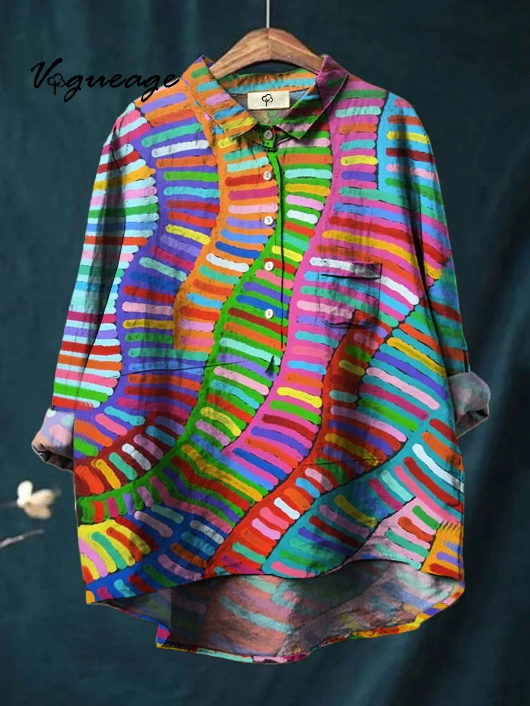 Fashion Art Line Stitching Printed Cotton And Linen Shirt