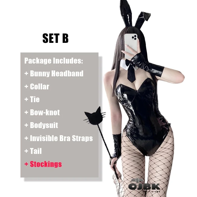 Cosplay Bunny Costume PU Leather One Piece Bodysuit Mai Sakurajima Rabbit Suit Kawaii Ears 8 Pcs Anime Outfit For Women 2021 New