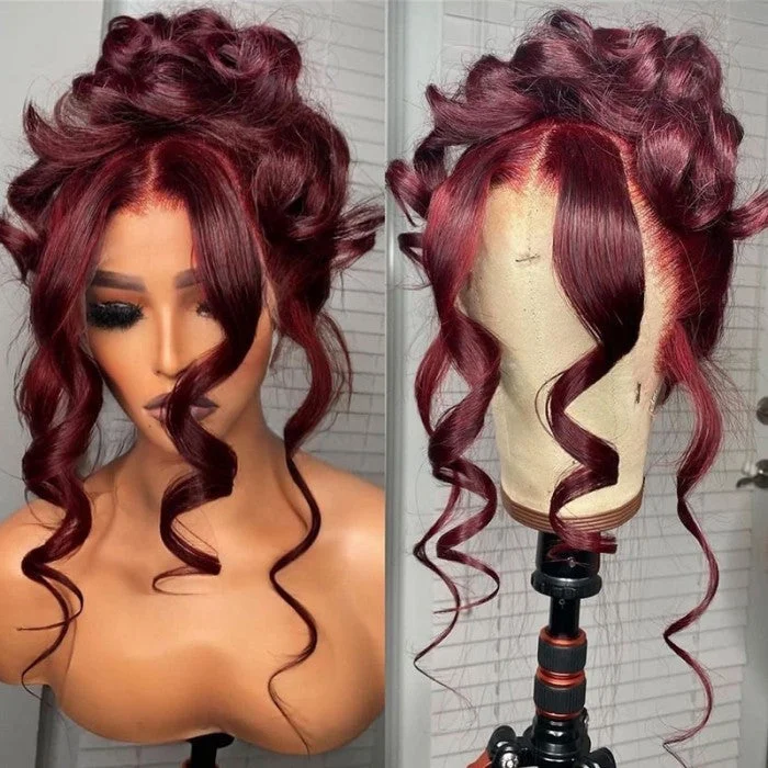 Body Wave Lace Frontal Wig Human Hair with Baby Hair Color Burgundy #99J