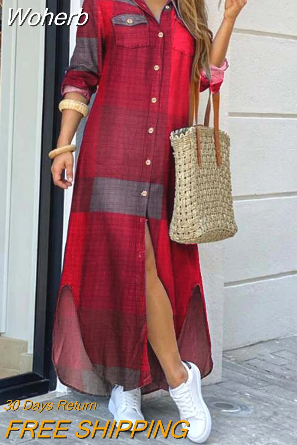 Woherb Dresses for Women S~5xl Scarf Chain Print Button Down Shirt Dress Y2k Vestidos De Mujer Casual Elegant Midi Robe Female-Outfit Ideas