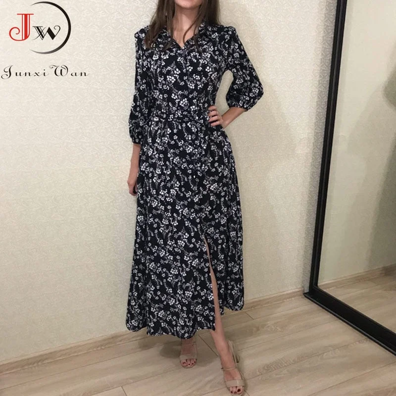 Women Floral Print Elegant Vintage A line Long Dresses Spring Summer Turn-down Collar Chic Party Maxi Dress  Robe Femme
