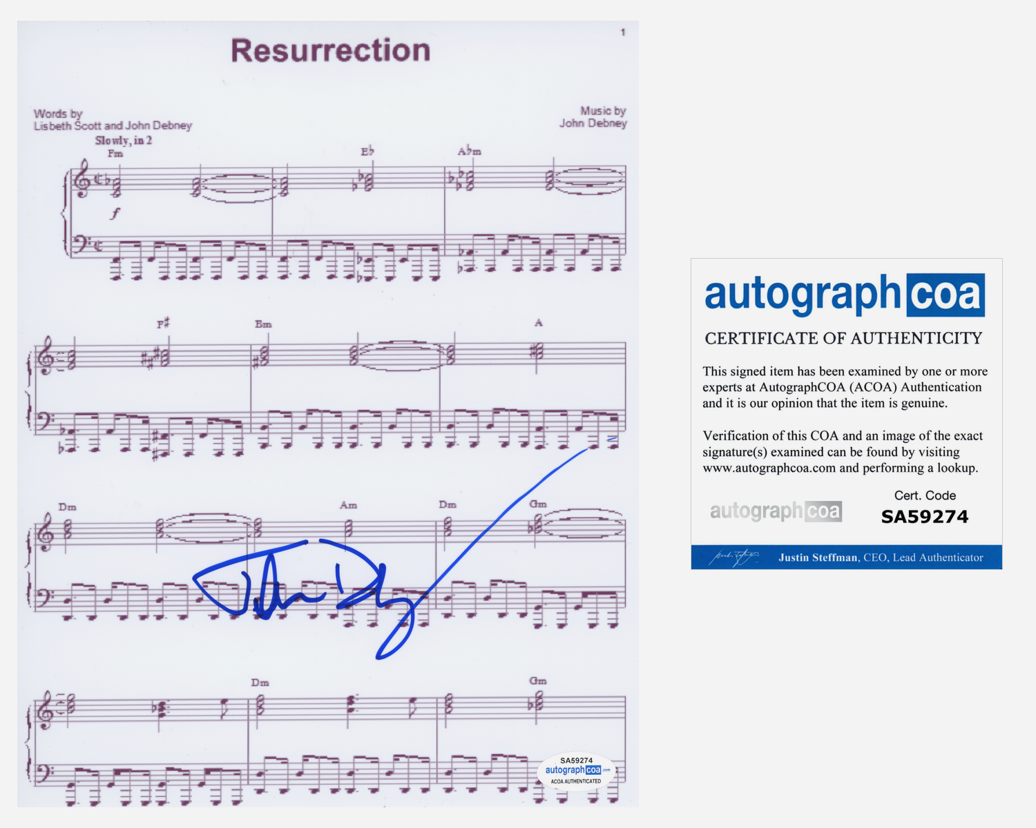 John Debney Signed Lyric Sheet Resurrection The Passion of The Christ ACOA COA