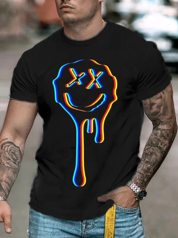 Men's stylish casual black smiley face printed short sleeve T-shirt.jpg