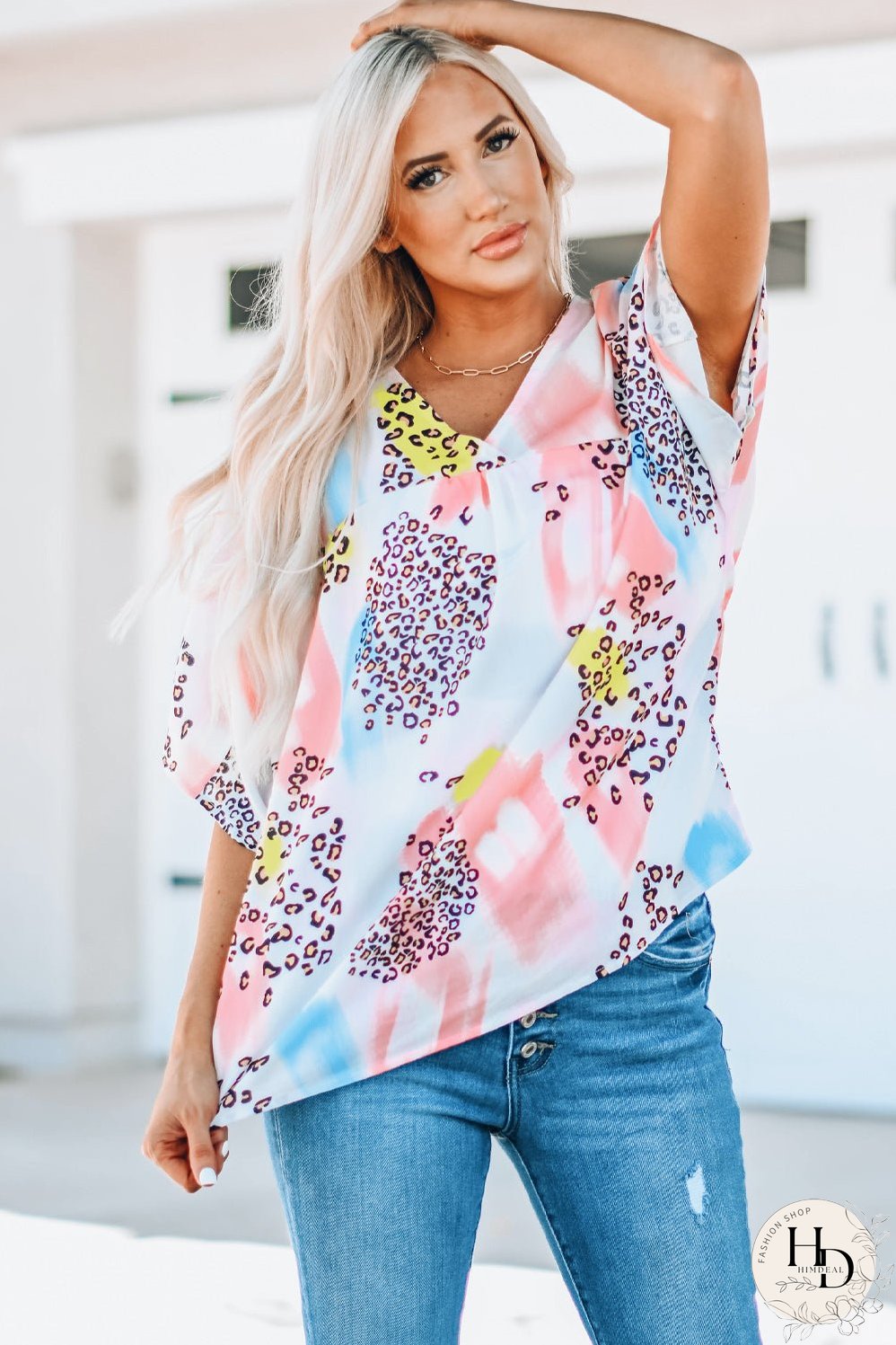 Whimsical Watercolor Animal Print V-Neck Blouse