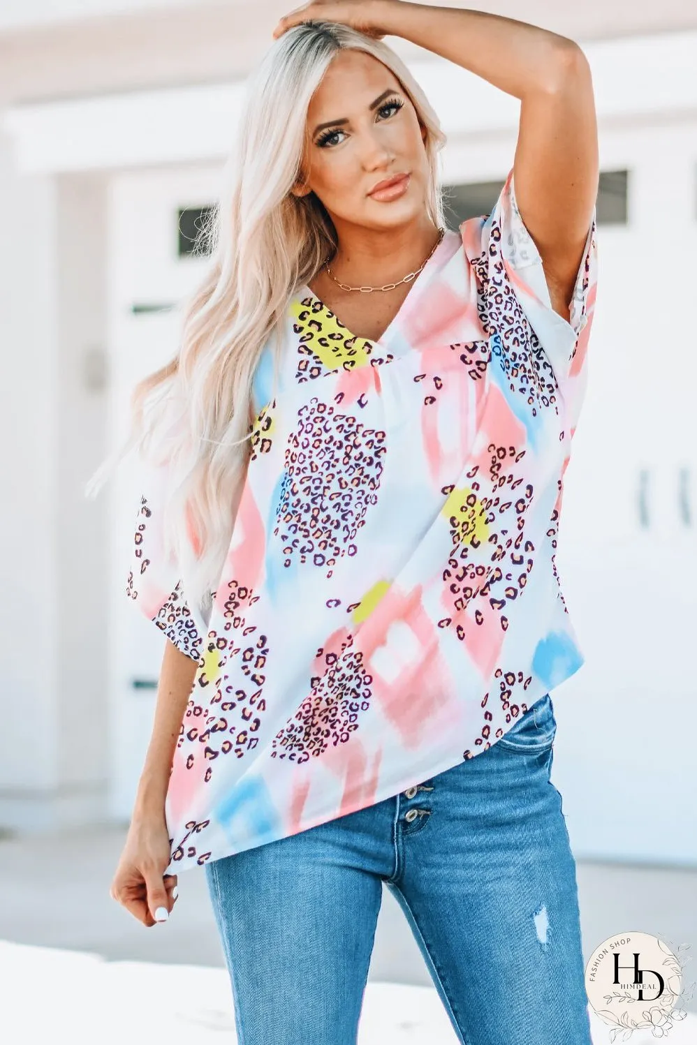 Whimsical Watercolor Animal Print V-Neck Blouse