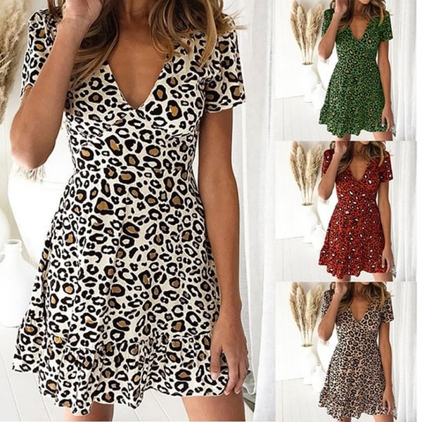 Women's Fashion Summer Casual Leopard-print Deep V-Neck Lotus Leaf Edge Dress - Shop Trendy Women's Fashion | TeeYours