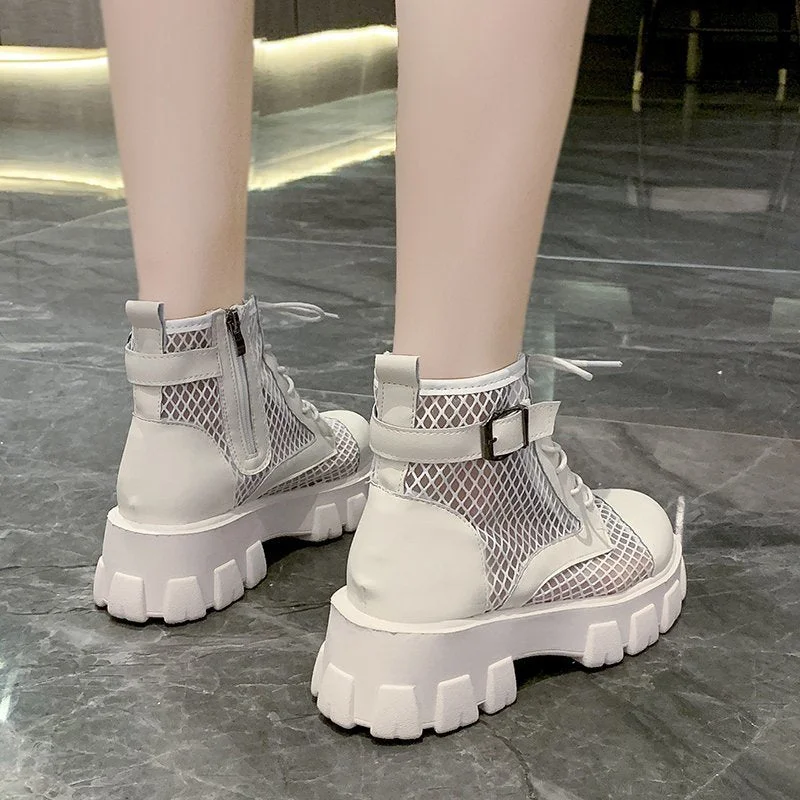 Classic Women Thick Bottom Black Mesh Summer Boots Round Toe Zipper Lace Up Platform Shoes Woman High Heels Ankle Botas