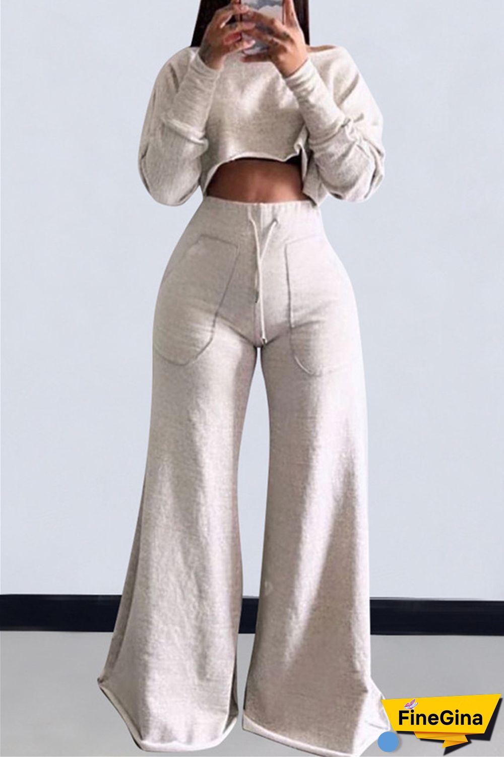 Grey Casual Solid Basic O Neck Long Sleeve Two Pieces