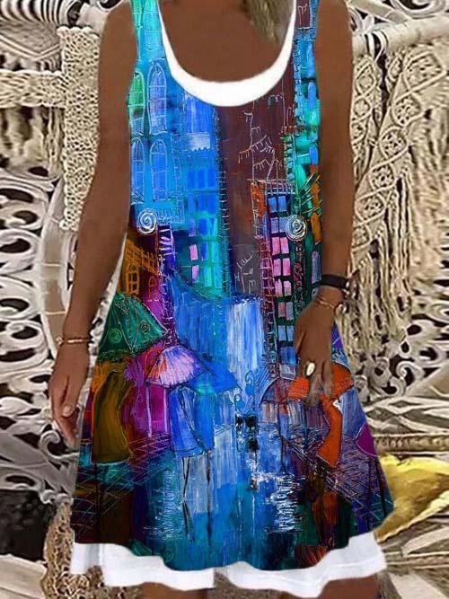 Women's U-neck Sleeveless Printed Midi Dress