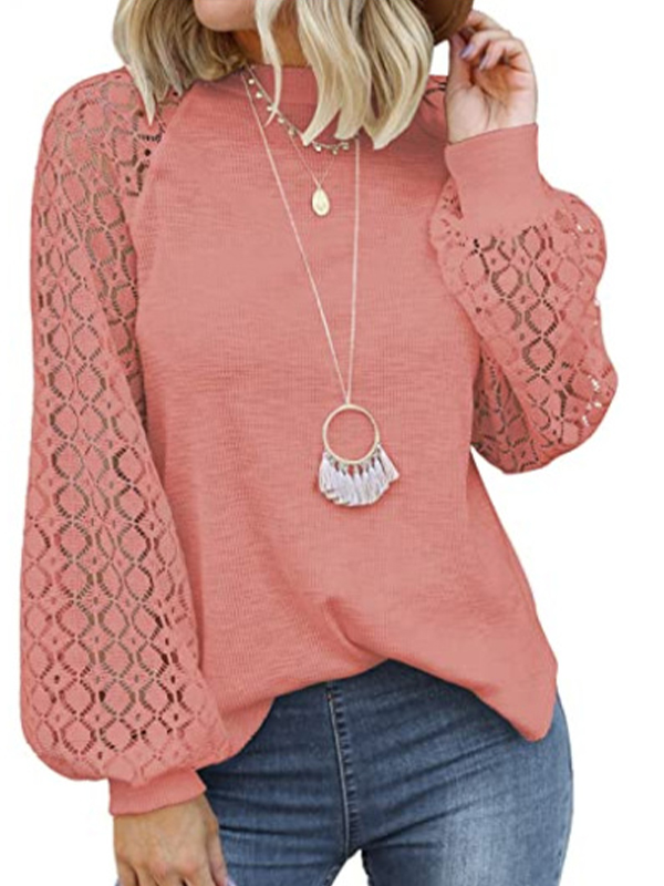Round Neck And Long Sleeve Lace Stitching Shirt