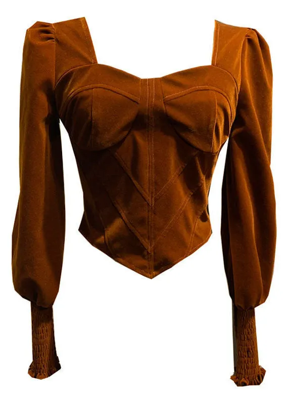 Fittted Red Square Collar Bustier Top Cotton Shirt Top Lantern Sleeve