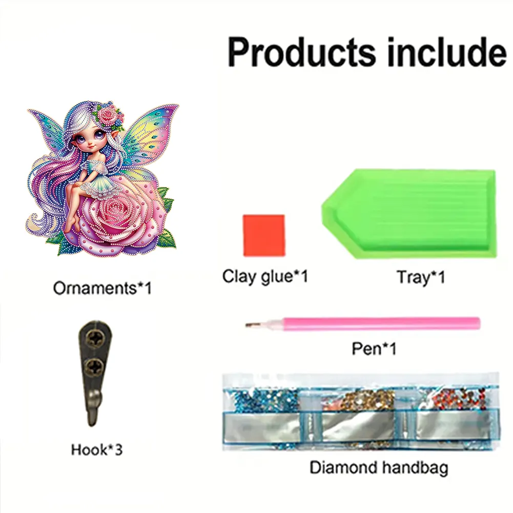 Wooden Elf Girl DIY Diamond Art Craft Wall Hooks A Row of 3 Hooks for Beginners