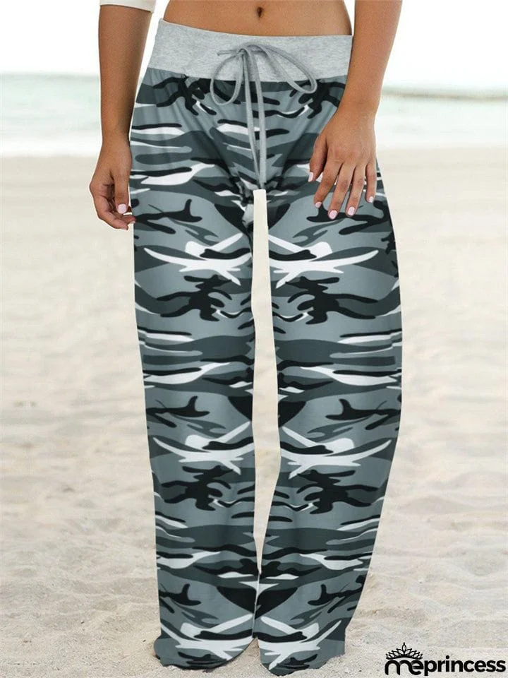 Comfortable Camouflage Print Drawstring Wide-Leg Pants