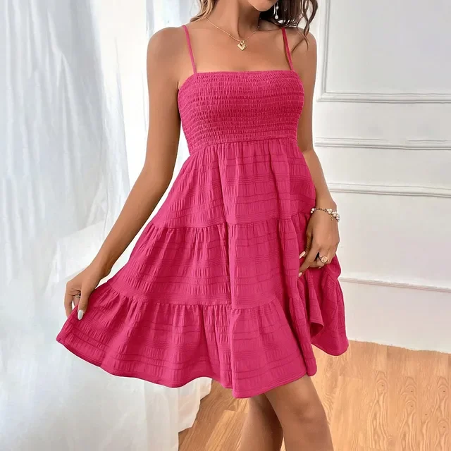 Women's Bohemian Beach Style Sleeveless Backless Big Swing Solid Spaghetti Strap Ruffles Dress 