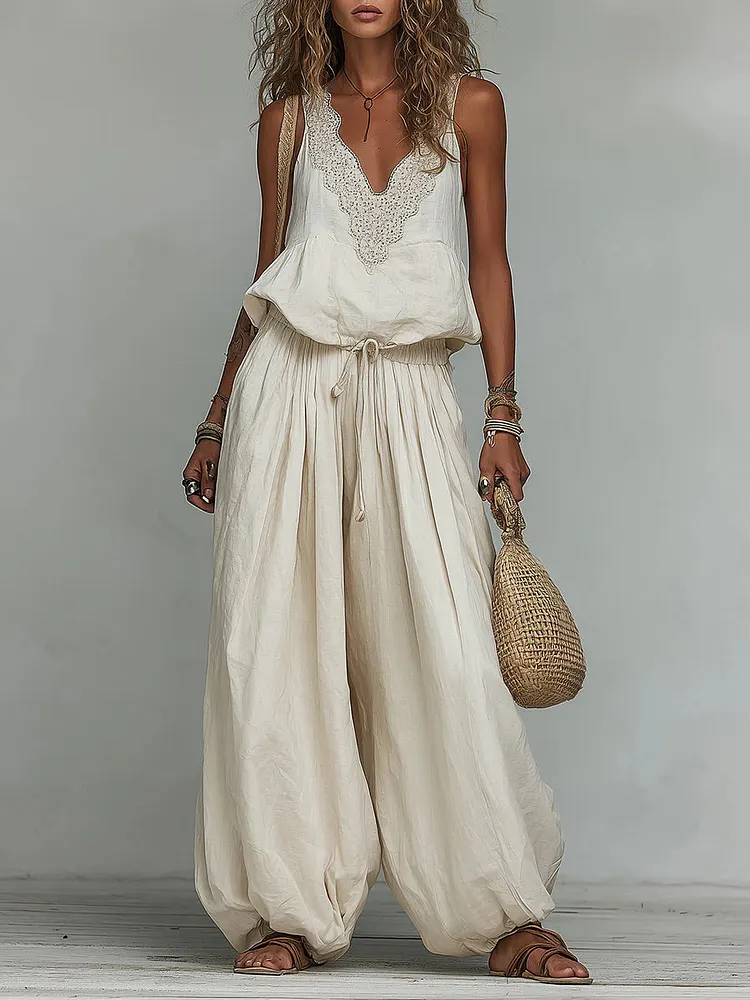 Women's Cotton-linen Embroidered Vest Lantern Wide-leg Pants
