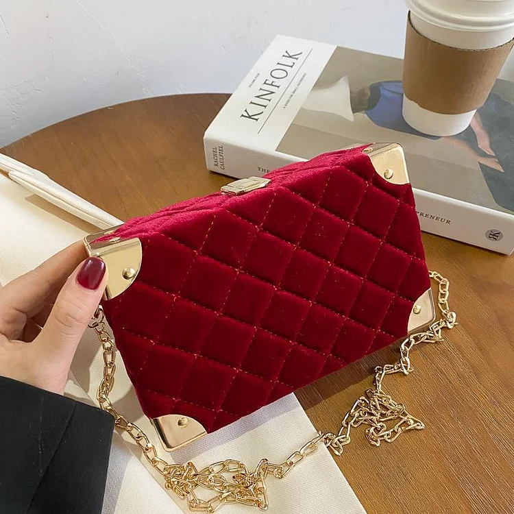 Golden velvet diamond lattice embroidered thread box bag Single Shoulder Messenger Bag