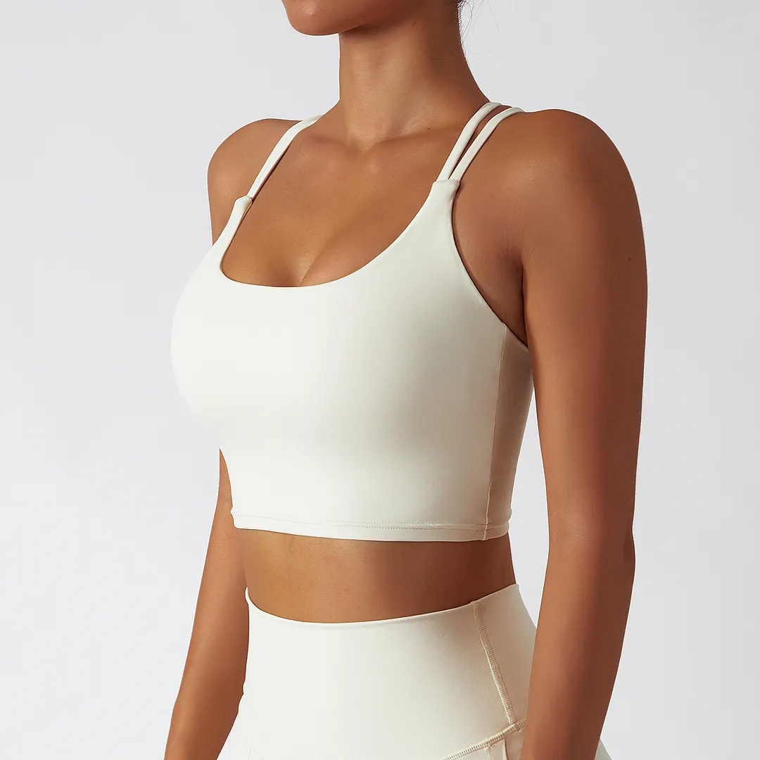 Hergymclothing sustainable recycled material criss cross thin straps breathable sports bra for sale
