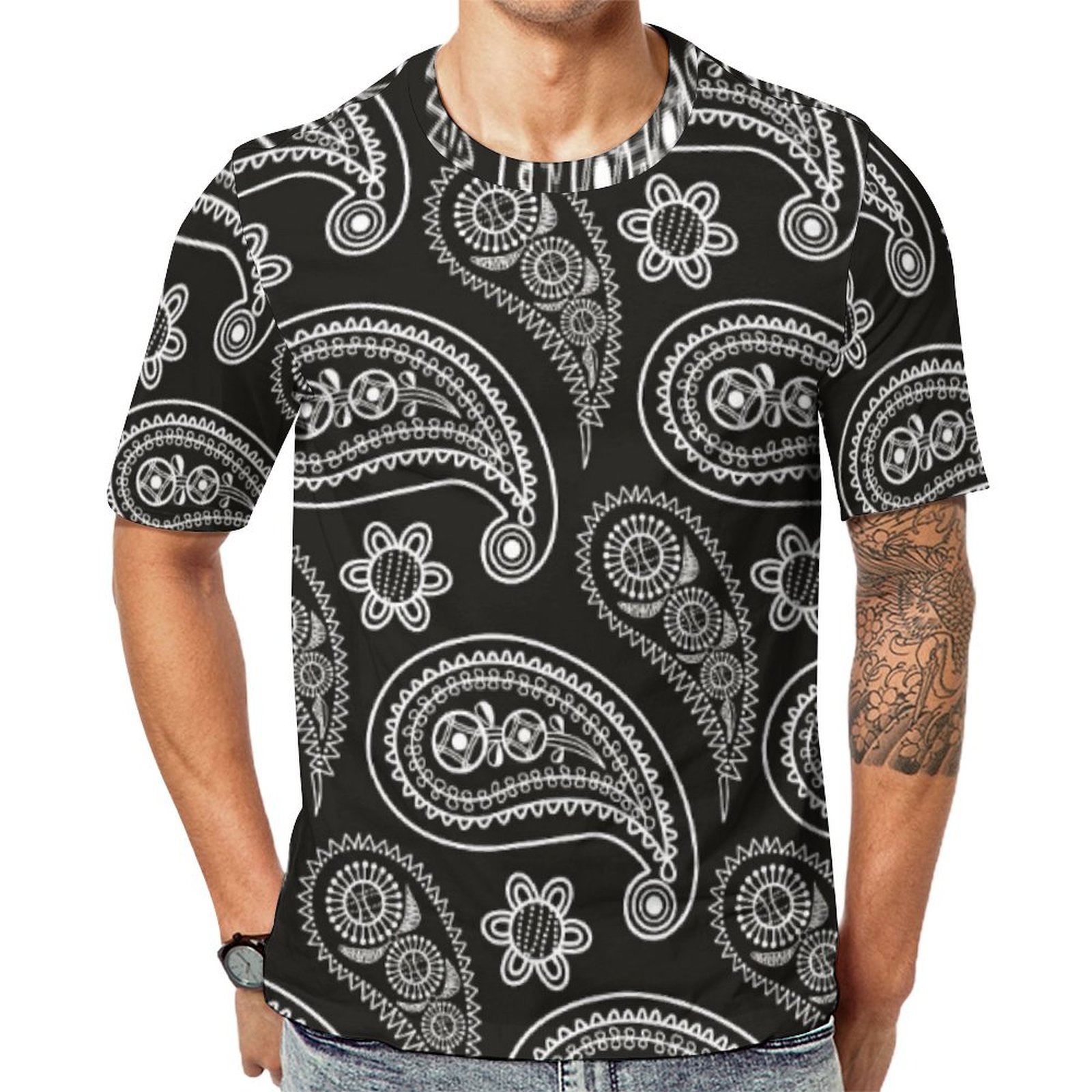 Black And White Paisley Ethnic Short Sleeve Print Unisex Tshirt Summer Casual Tees for Men and Women Coolcoshirts