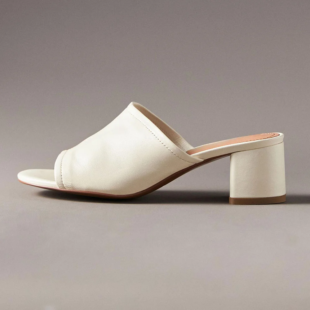Simple Ivory Vegan Leather Open-Toe Chunky Heel Slide Sandals