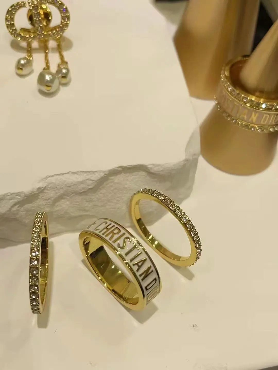 Dior White Enamel Rings - 3 Pieces