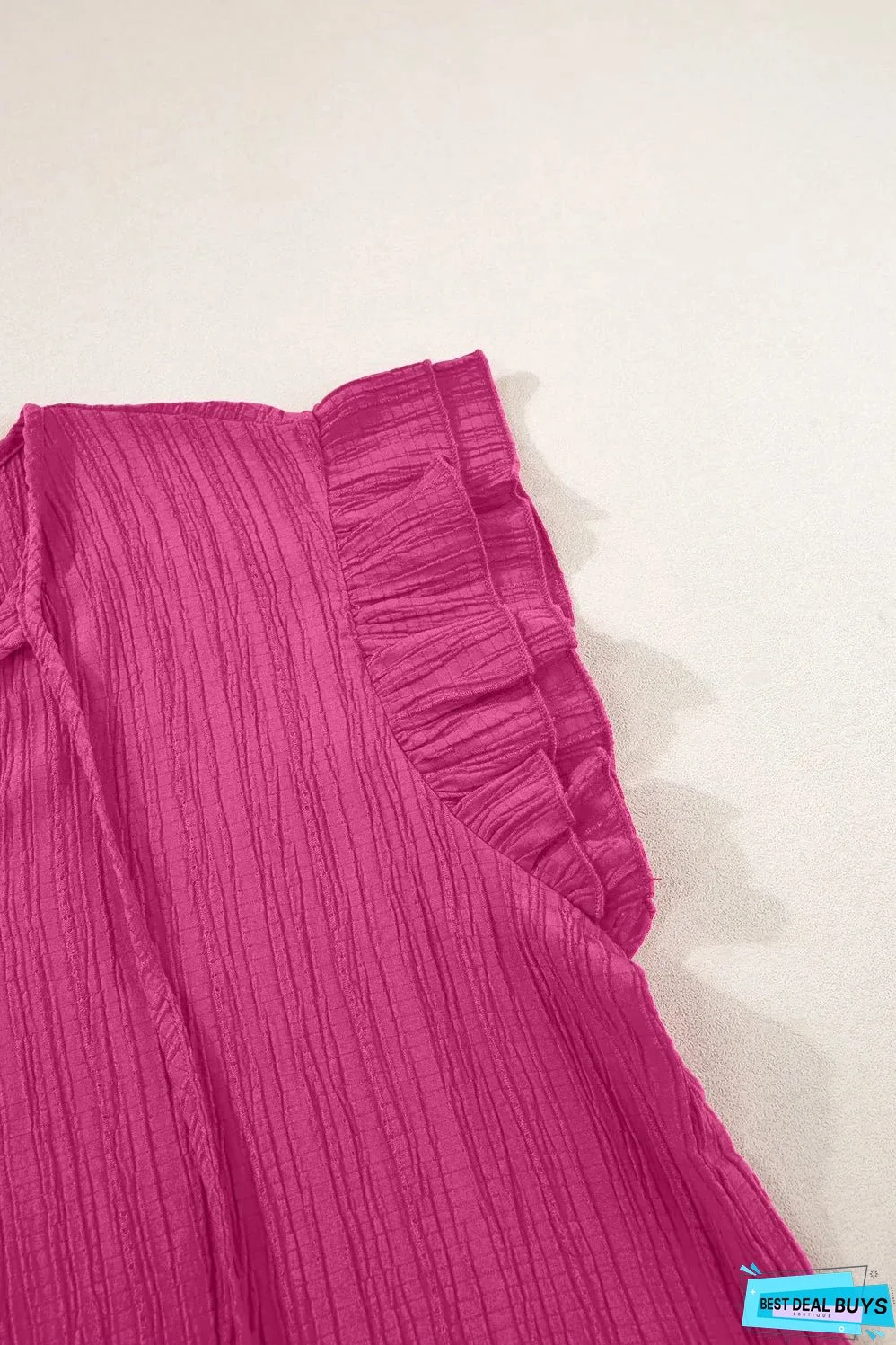 Rose Red Textured Ruffled Sleeve V Neck Top